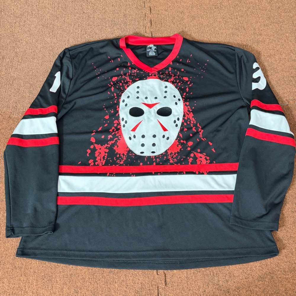 Friday‎ the 13th Jason Voorhees Hockey Jersey Mens 2XL Black Red Horror Movie 13